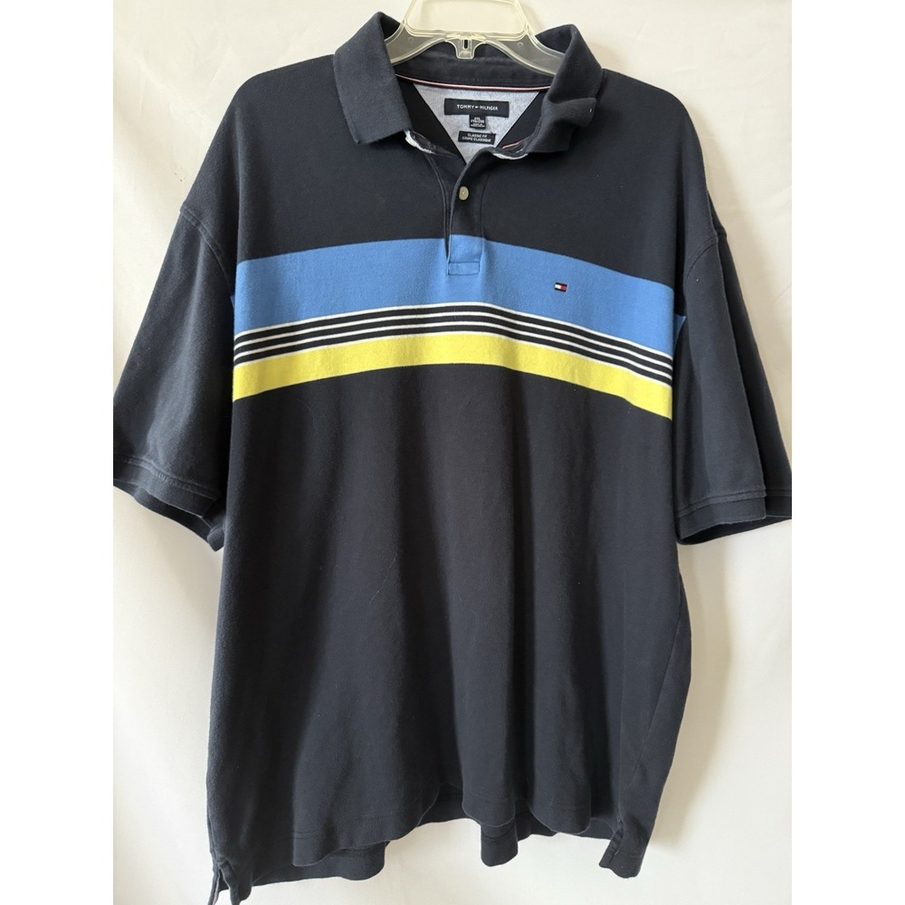 Tommy Hilfiger men's 2XL short sleeve polo shirt Navy Blue /stripe 100% Cotton